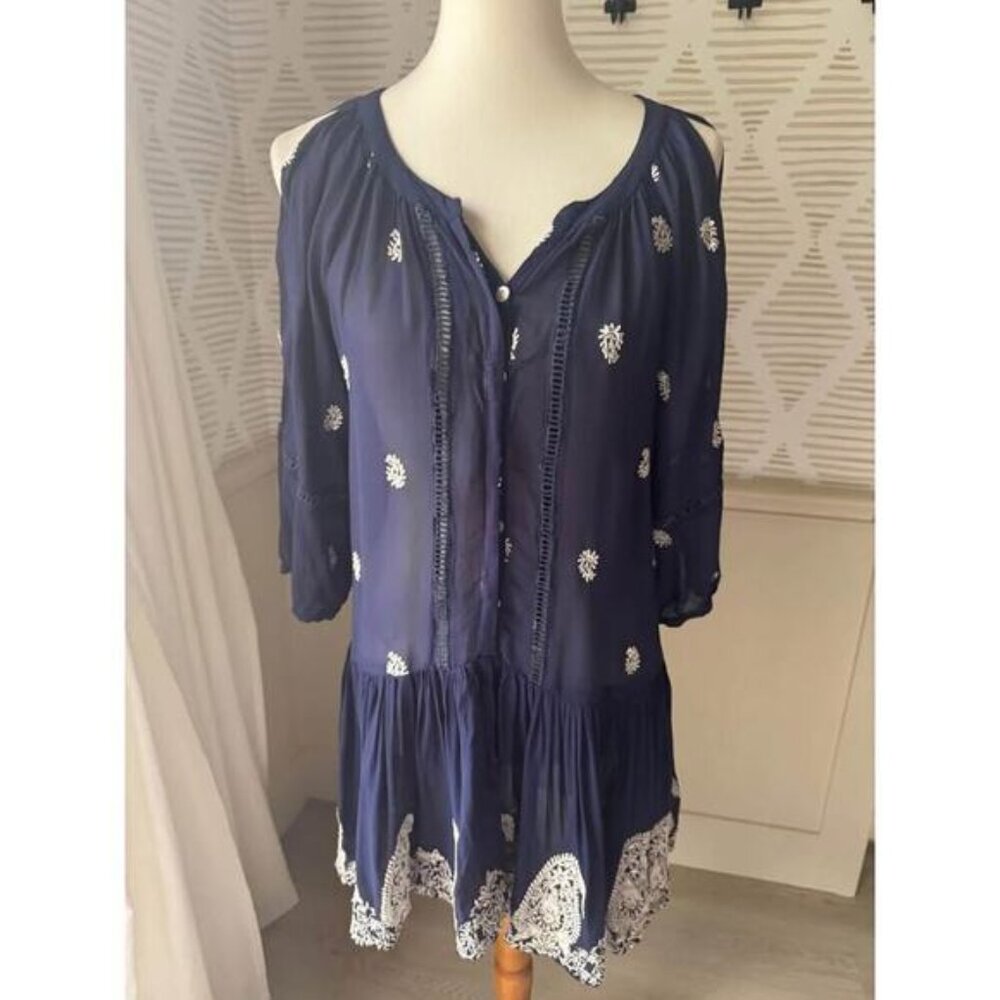 Miss June Sheer Women’s Small Navy Blue & White Embroidered Sheer Mini Dress